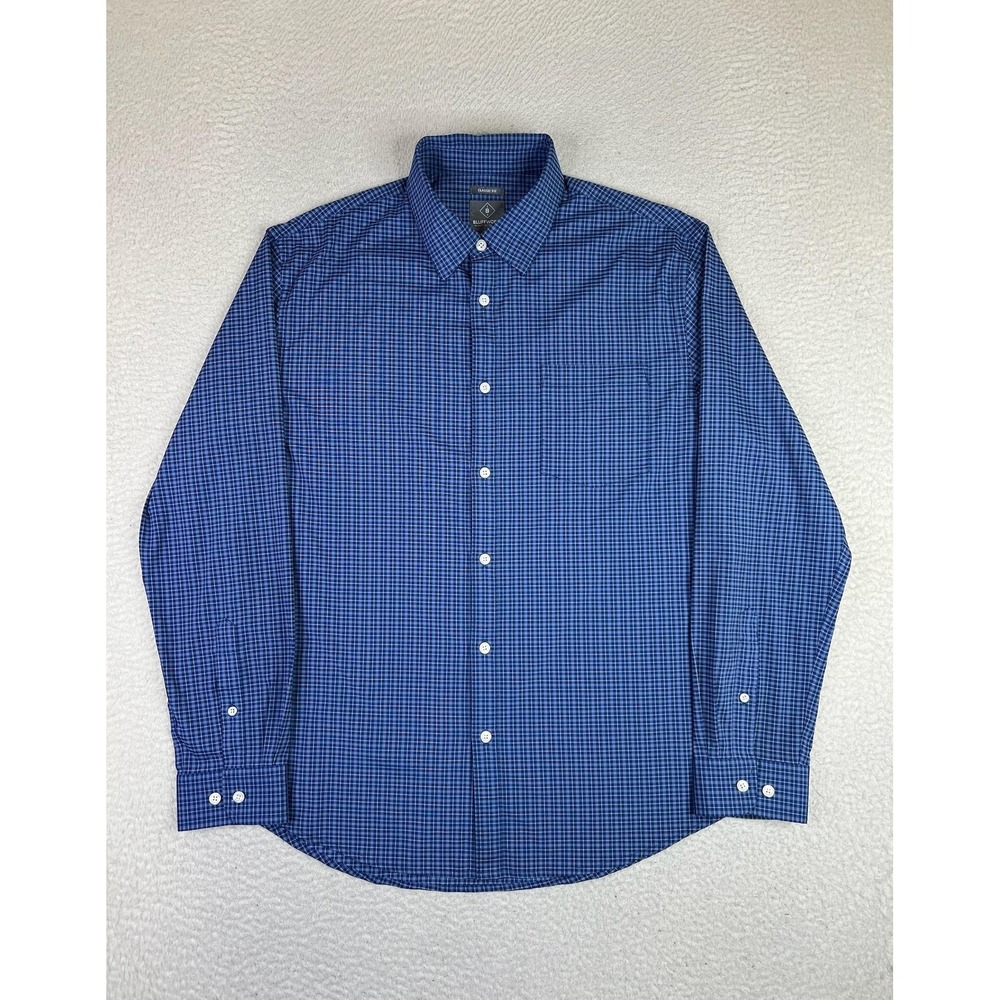 Bluffworks Dress Shirt Mens Medium Blue Gingham Meridian Stretch Classic Fit LS